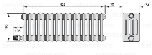 Схема (чертеж) Радиатор Zehnder Charleston 5019/18 №V003 Белый глянцевый RAL 9016
